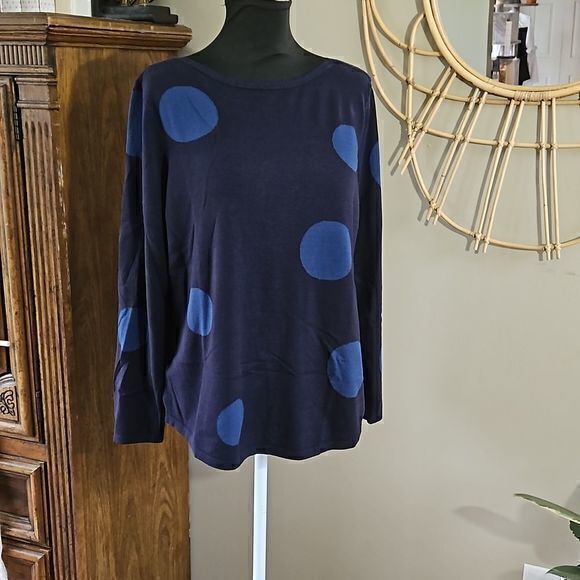 Chico's Blue Lightweight Sweater with‎ Boatneck Collar and Large Blue Dots Sz 3 - Picture 1 of 11